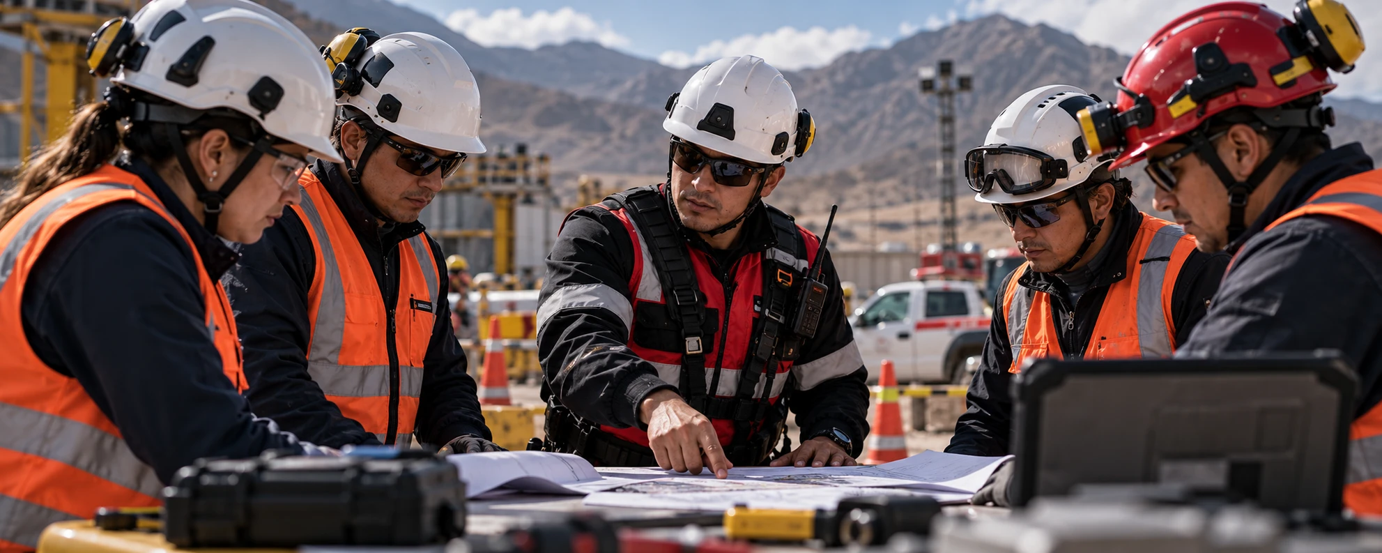 Equipo con casco y chaleco revisando planos de seguridad en un proyecto en campo
